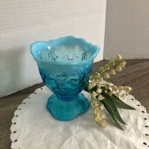 Antique Northwood Flower and Leaf Blue Opalescent Dish